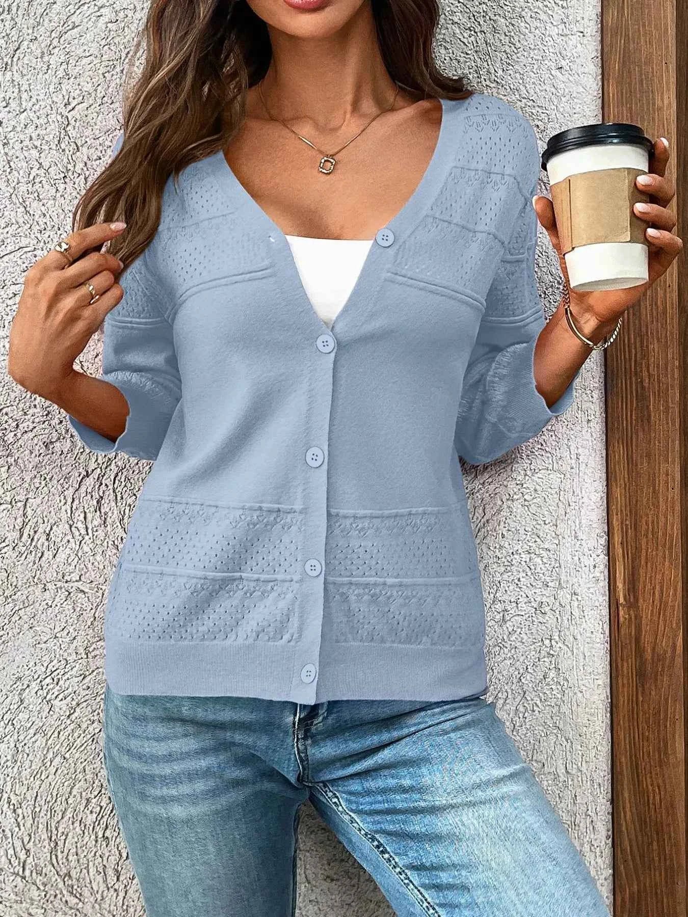 Textured Button-Front Cardigan with 3/4 Sleeves.