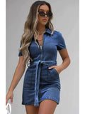 Plus Size Zip Front Short Sleeve Denim Dress.