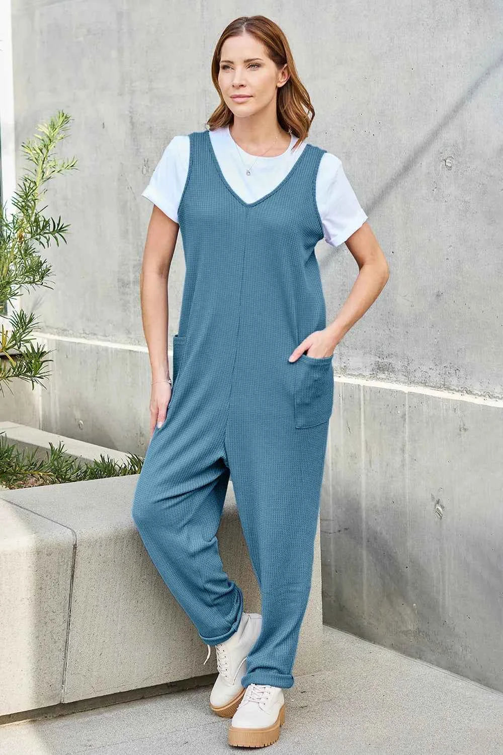 Double Take Full Size Sleeveless Straight Jumpsuit.