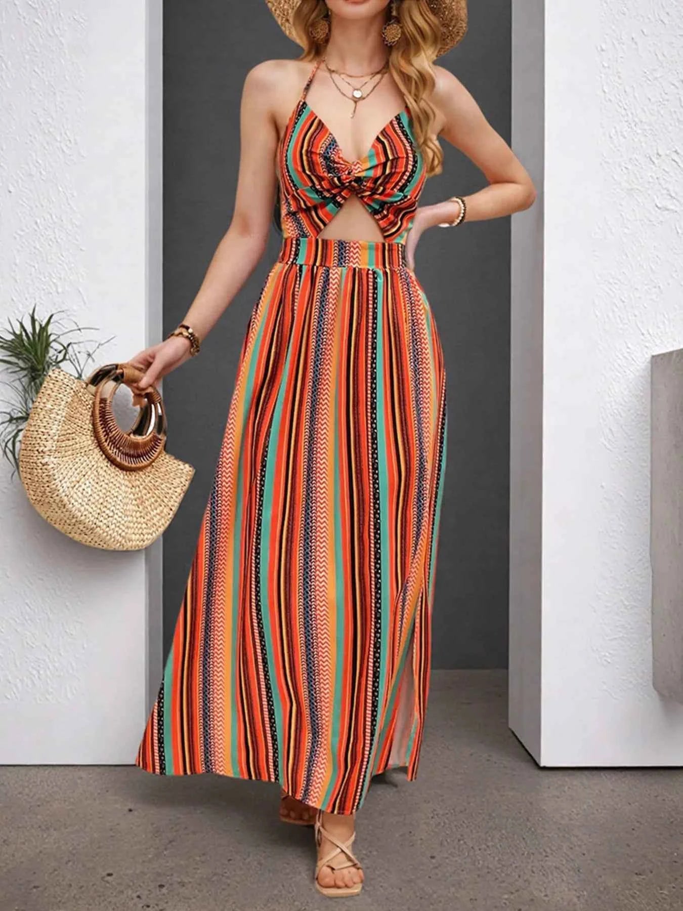 Striped Halter Maxi Dress with Cutout Detail.
