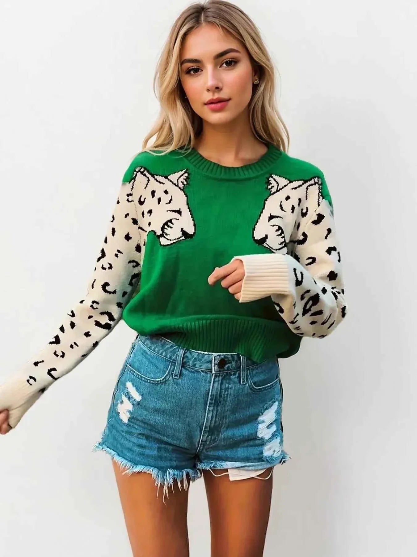Leopard Print Round Neck Sweater.