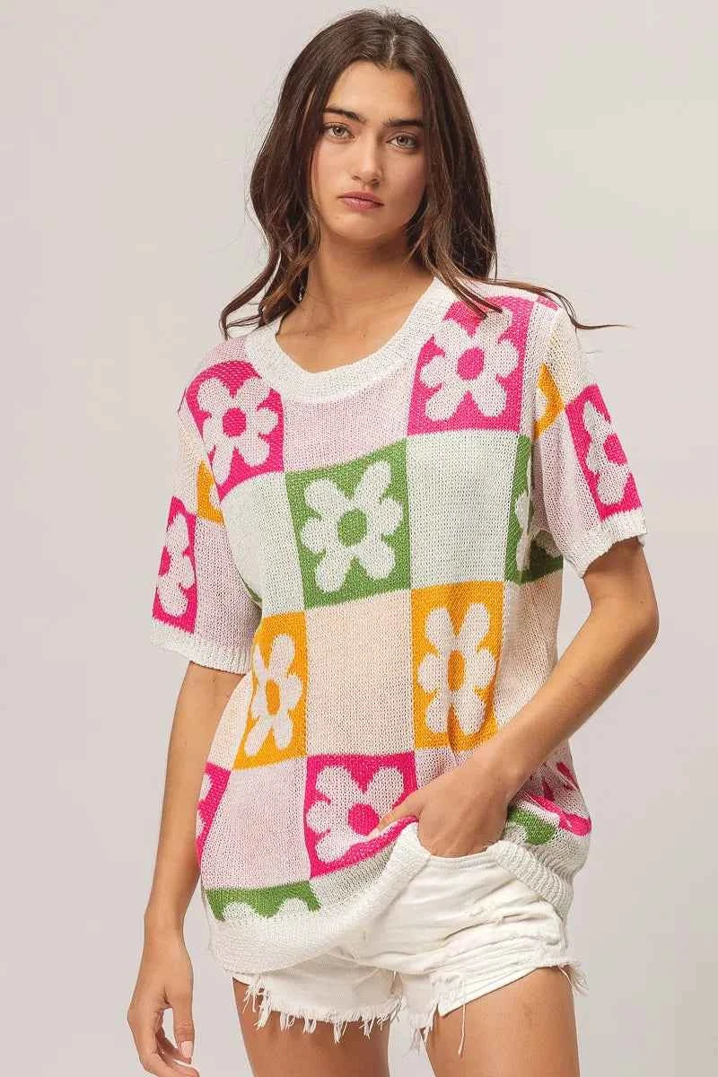 BiBi Floral Checker Pattern Lightweight Pullover Sweater.