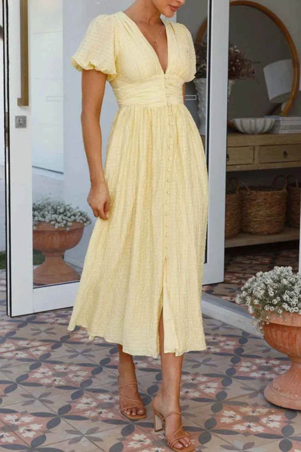 V-Neck Puff Short Sleeve Midi Dress.