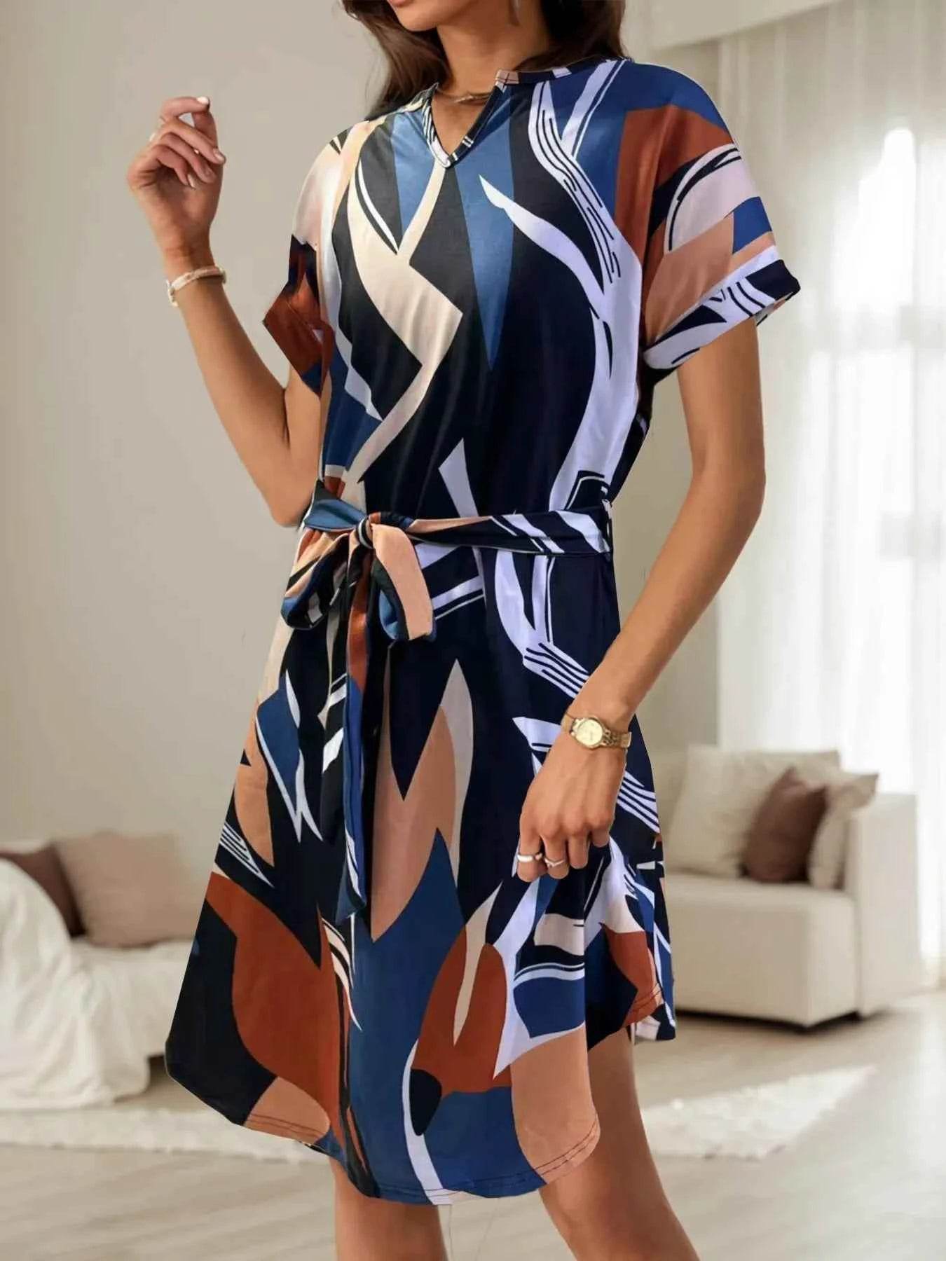 Abstract Print Belted Midi Dress - Short Sleeve.