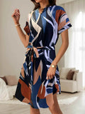 Abstract Print Belted Midi Dress - Short Sleeve.