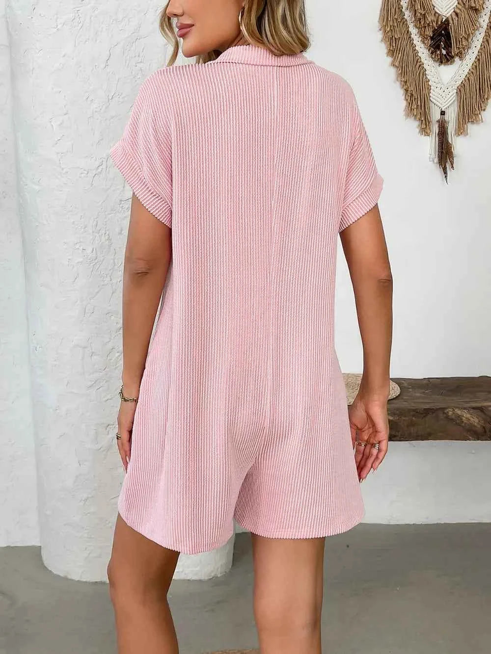 Button Detail Collared Neck Short Sleeve Romper.