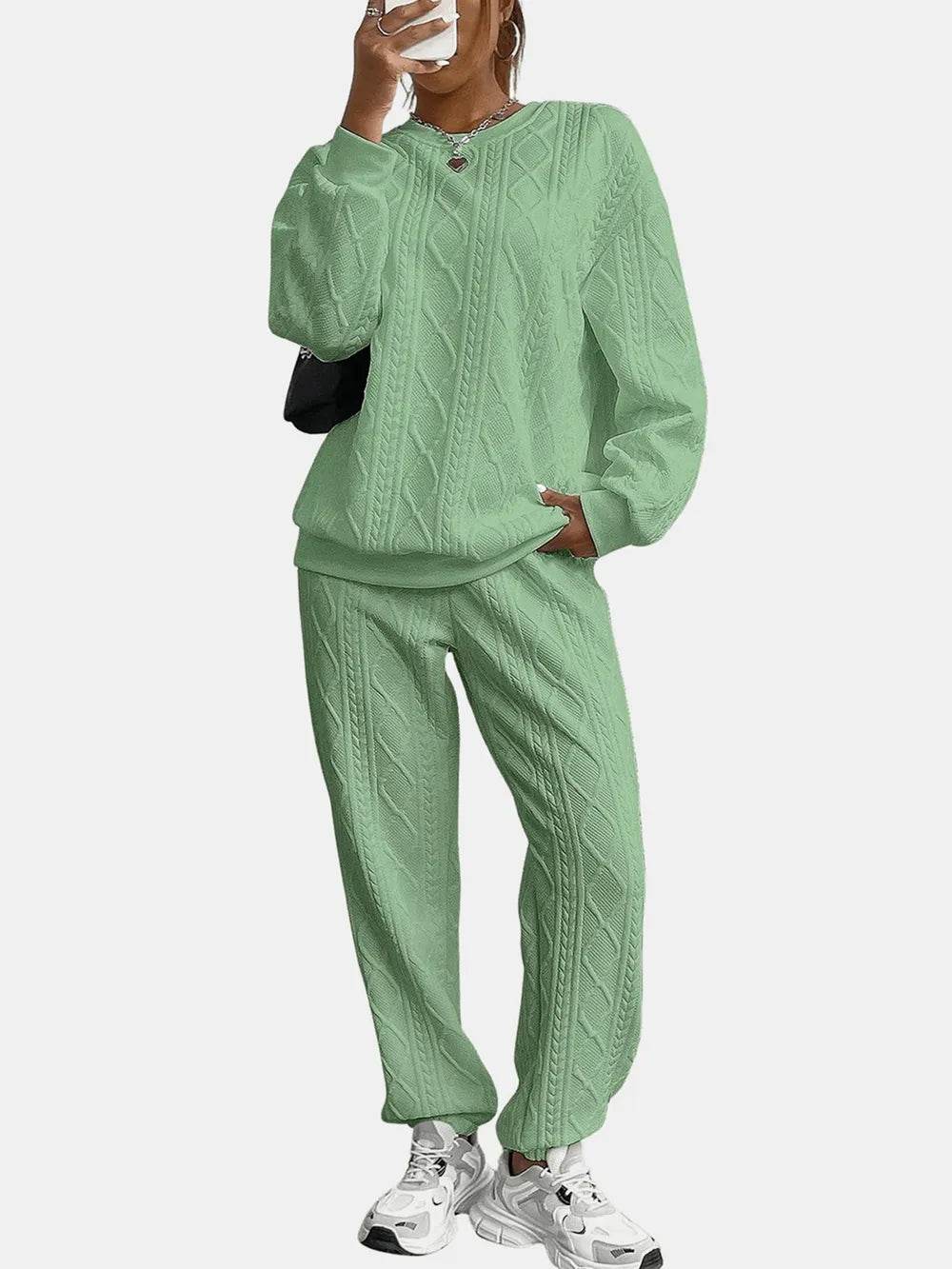 Texture Round Neck Top and Pants Set.