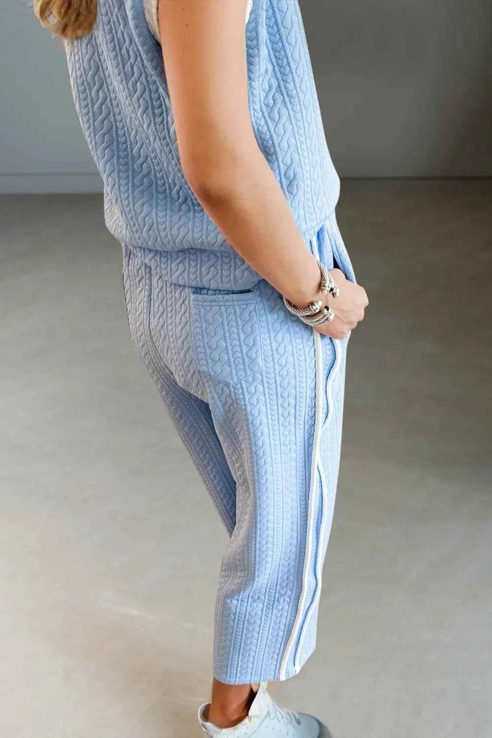 Oh Full Size Contrast Trim Set: Round Neck Top and Pants Set - EBYNN