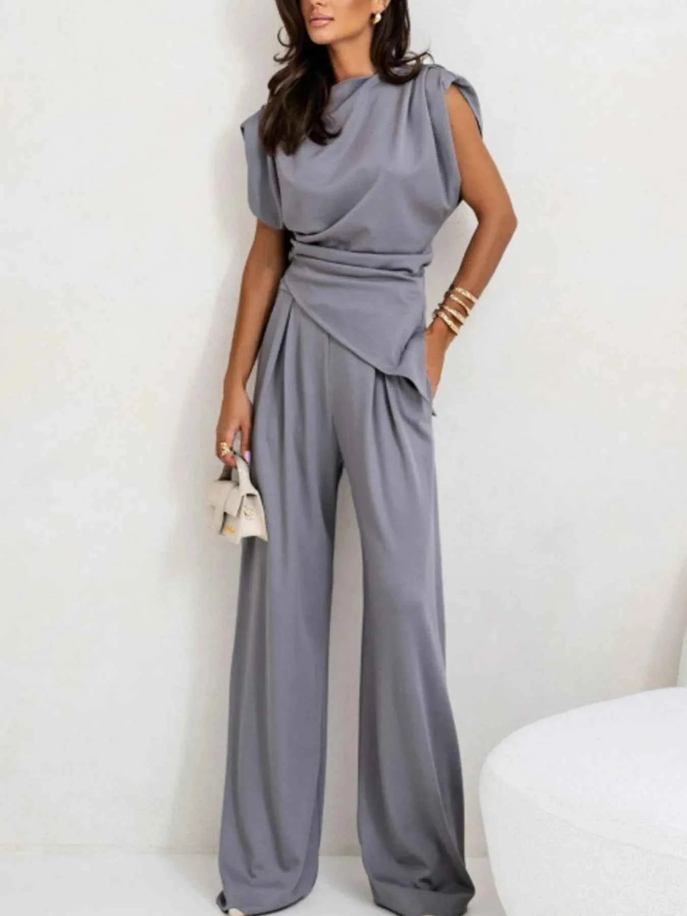 Ruched Sleeveless Top and Pants Set.