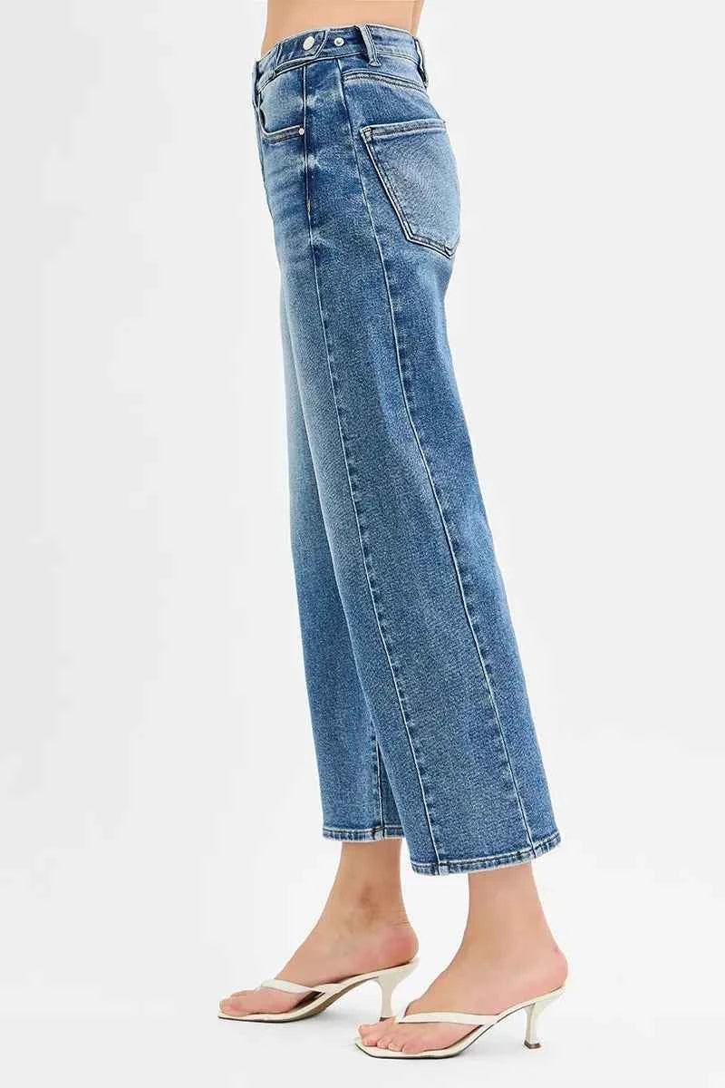 RISEN High Rise Crop Length Barrel Jeans with Adjustable Waist.