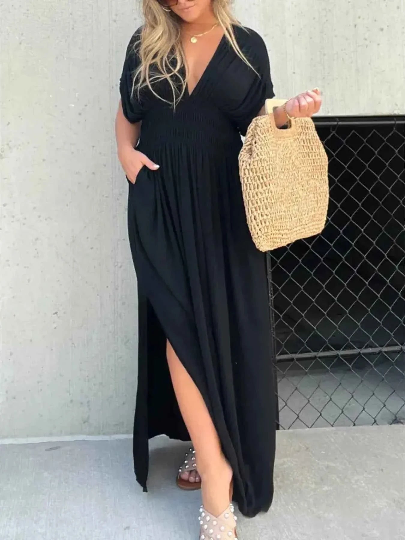 Plus Size Deep V-Neck Maxi Dress with Side Slit.