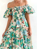 Floral Smocked Puff Sleeve Tiered Dress.