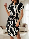 Abstract Print Belted Midi Dress - Short Sleeve.