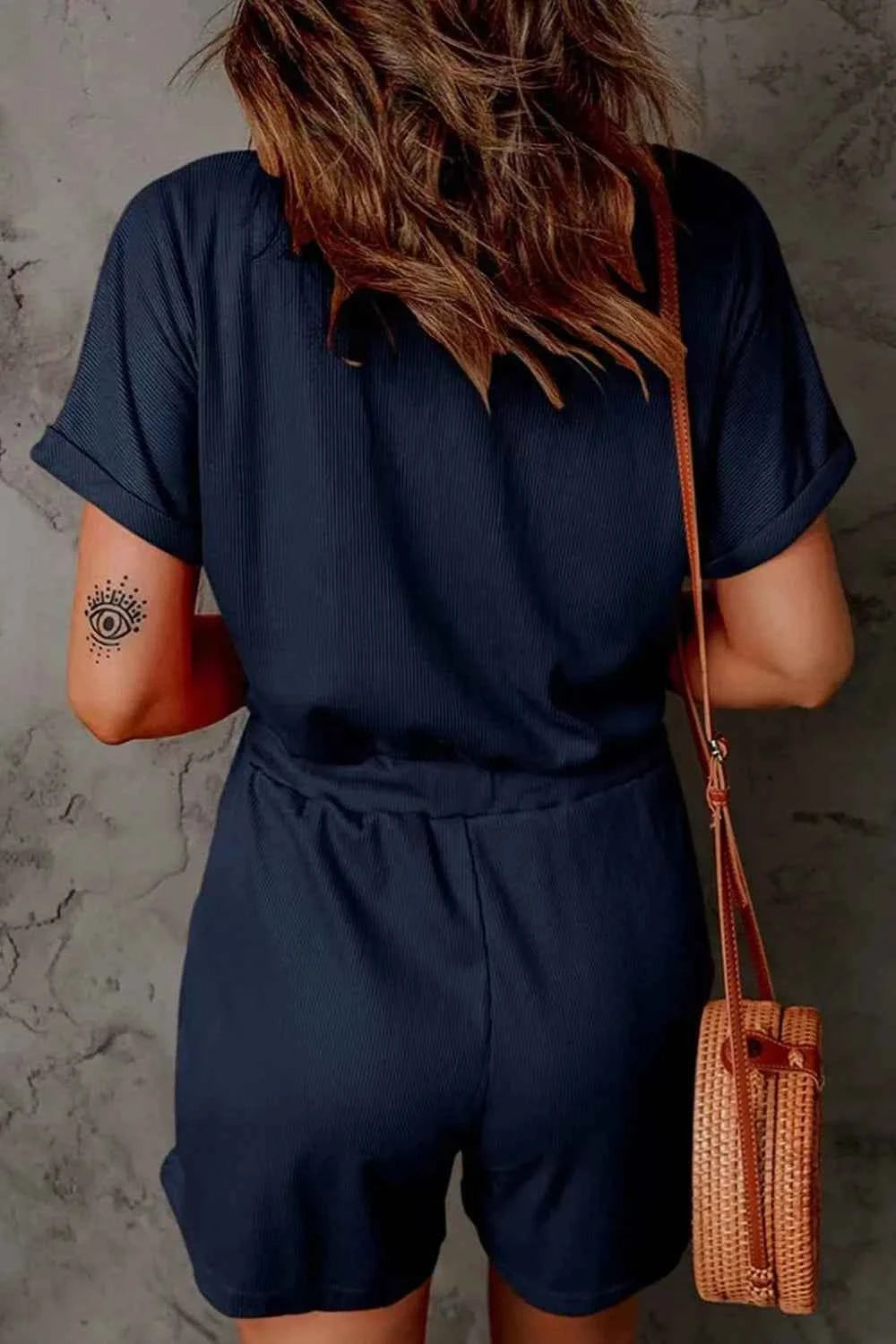 Full Size Drawstring V-Neck Short Sleeve Romper.