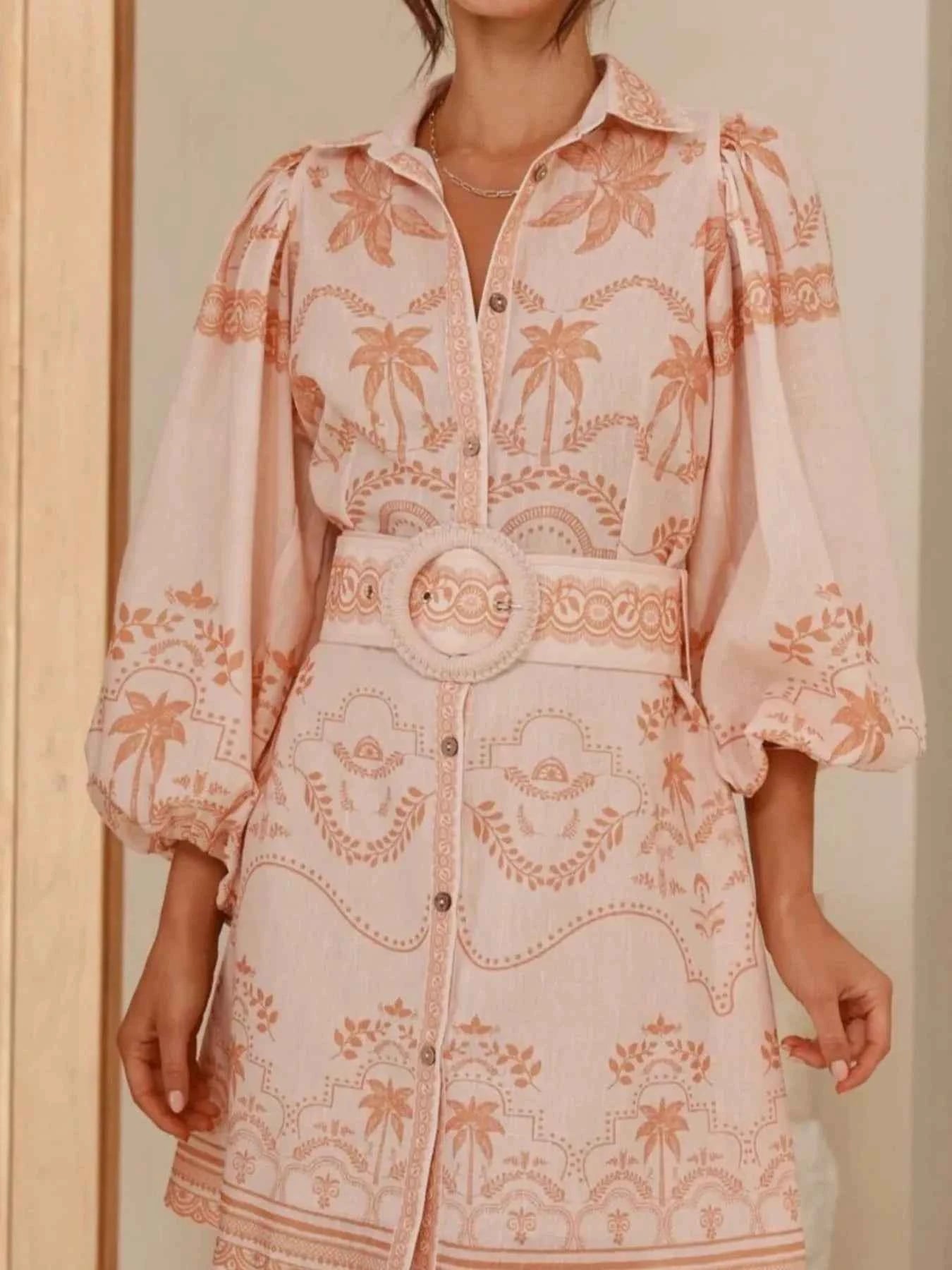 Printed Button Down Shirt Dress with Belt.