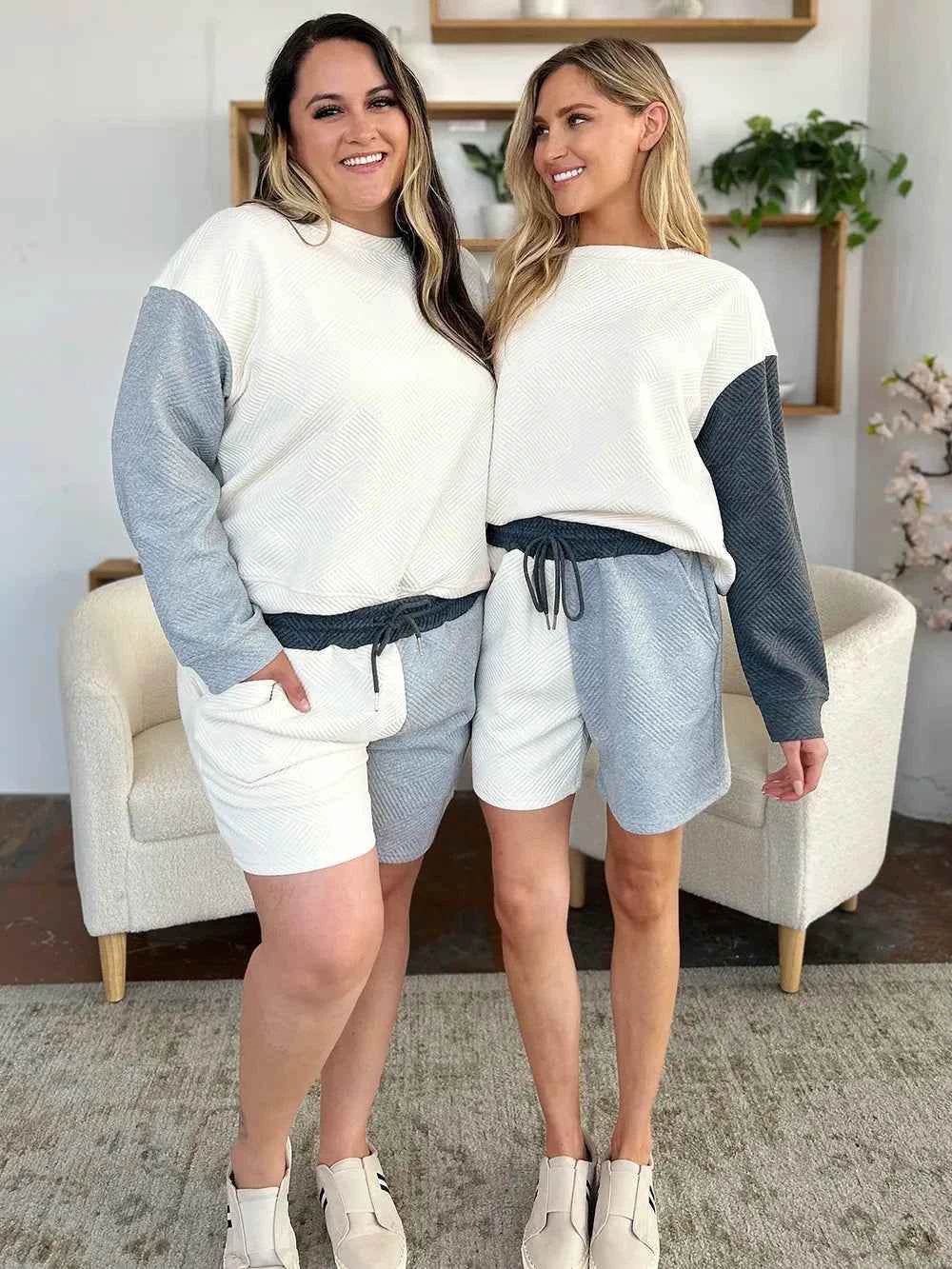 Double Take Contrast Drop Shoulder Set - Full Size Top & Shorts Combo - EBYNN