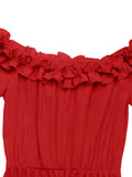 Off-Shoulder Ruffle Pleated Midi Dress.
