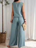 Ruched Round Neck Sleeveless Top and Wide Leg Pants Set - EBYNN