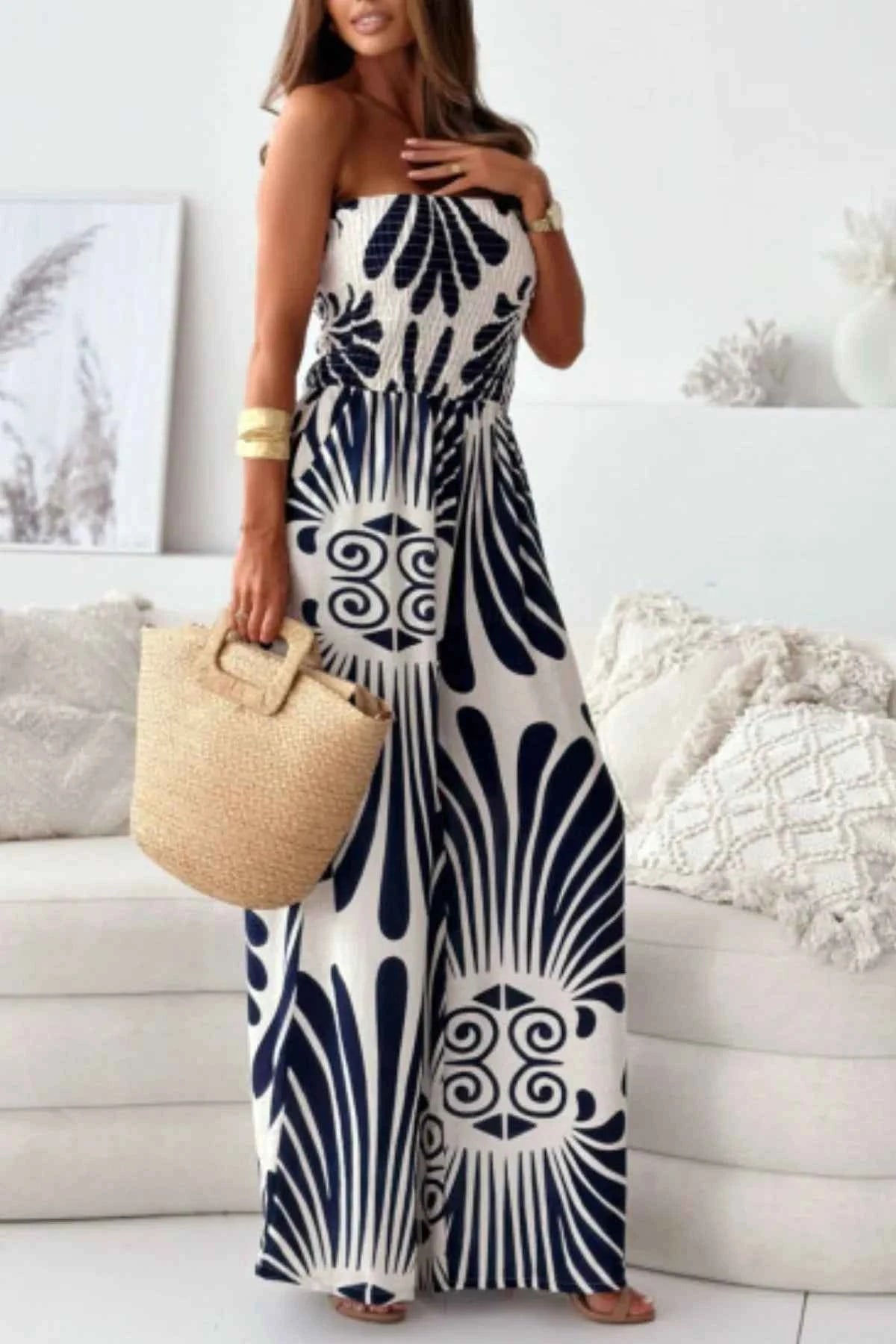 Printed Smocked Tube Wide Leg Jumpsuit.