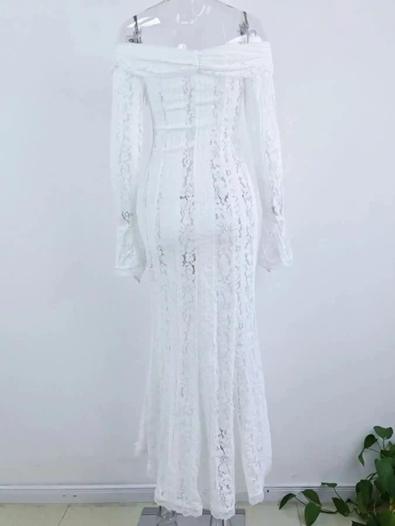 Lace Off-Shoulder Flounce Sleeve Maxi Dress.