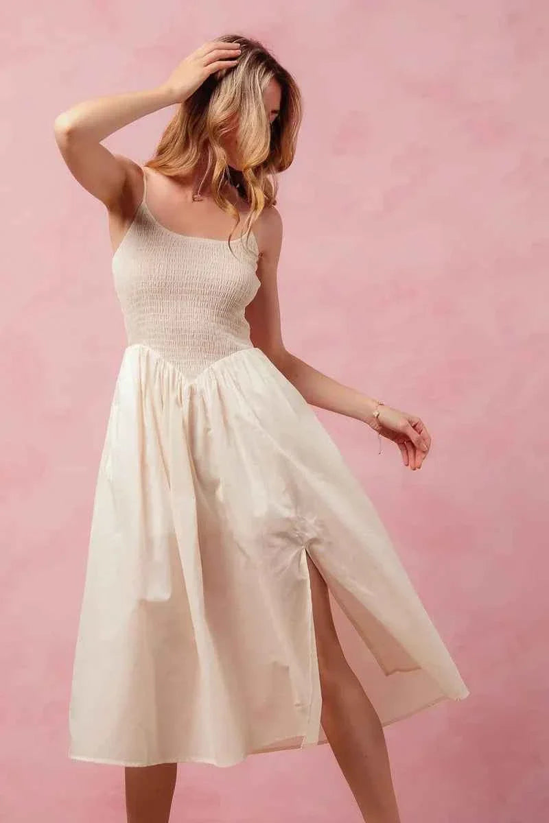 SO ME Smocked Sleeveless Midi Dress with Slit.