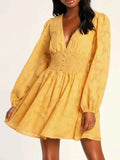 Smocked V-Neck Balloon Sleeve Dress.