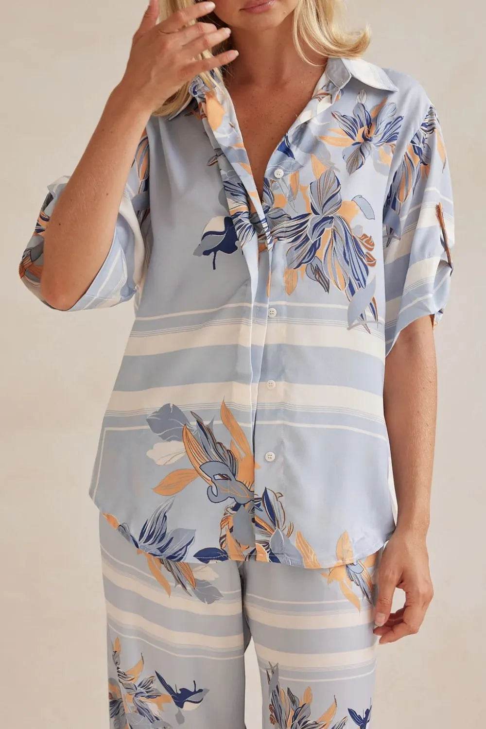 Printed Button Up Shirt and Pants Set - EBYNN