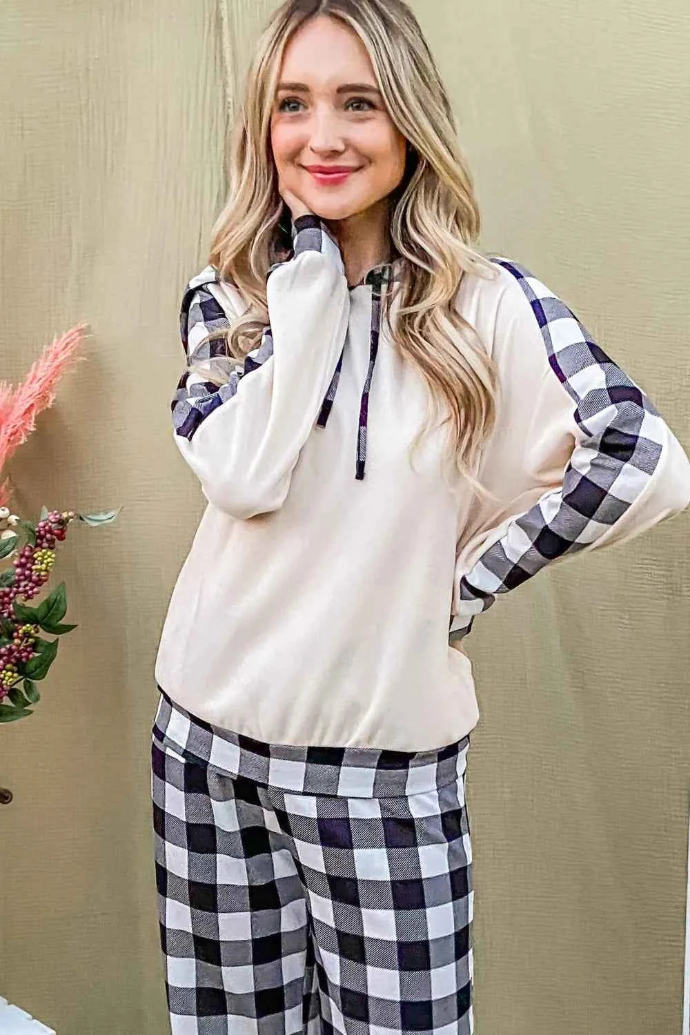 And The Why Drawstring Hooded Top & Plaid Pants Lounge Set.