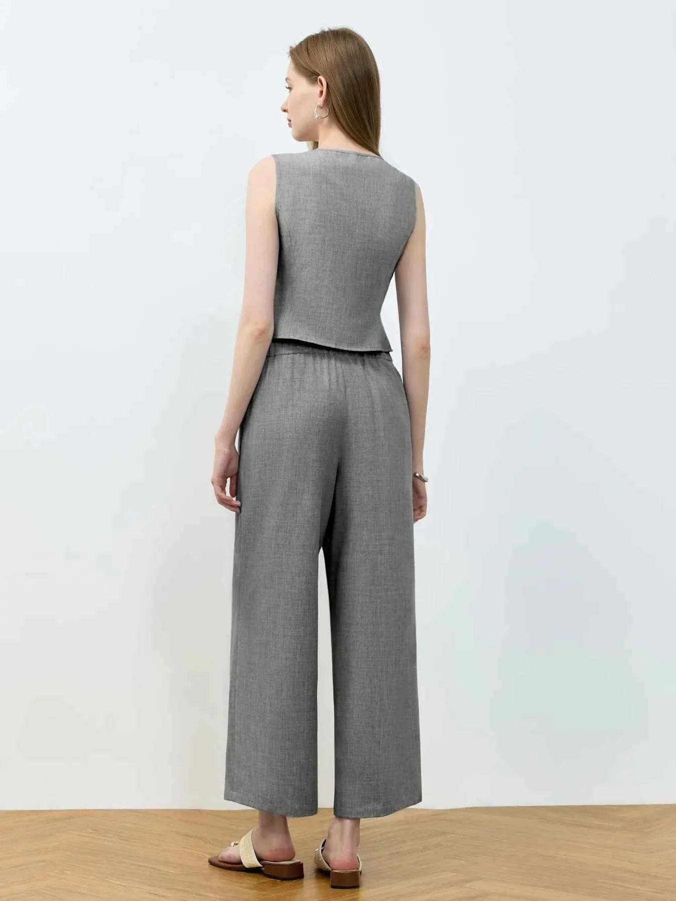 Tie Front Vest and Wide Leg Pants Set.