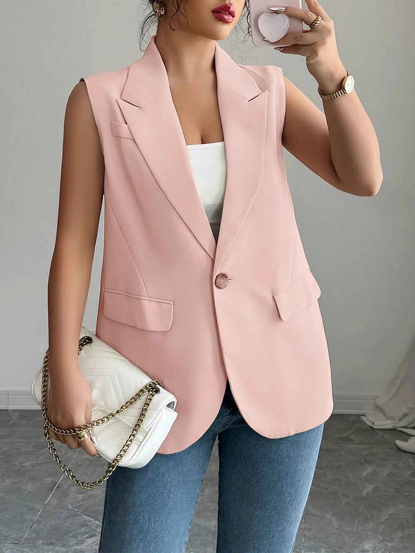 One Button V-Neck Blazer Vest Coat.