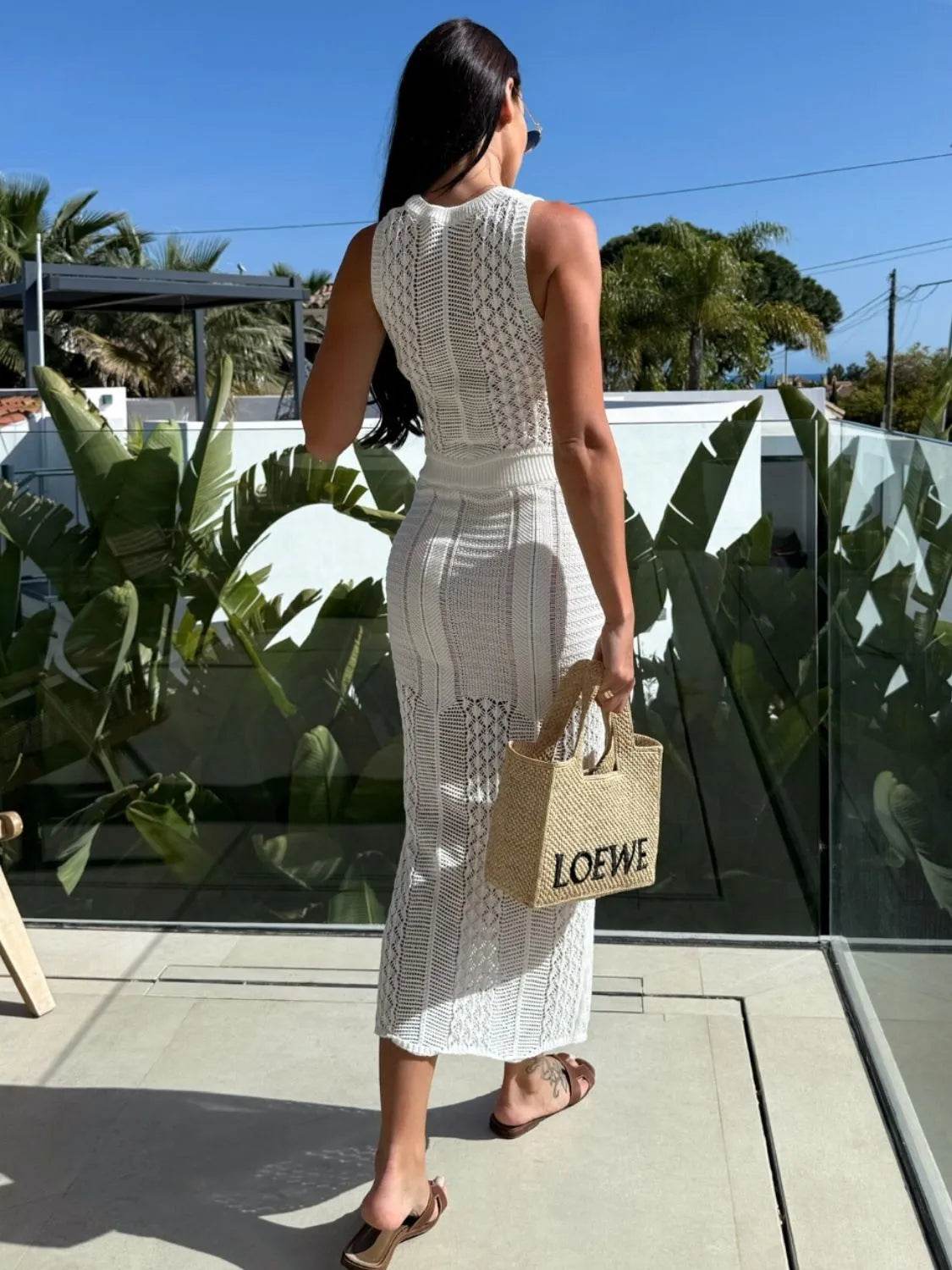 Openwork Round Neck Top & Slit Skirt Sweater Set - EBYNN