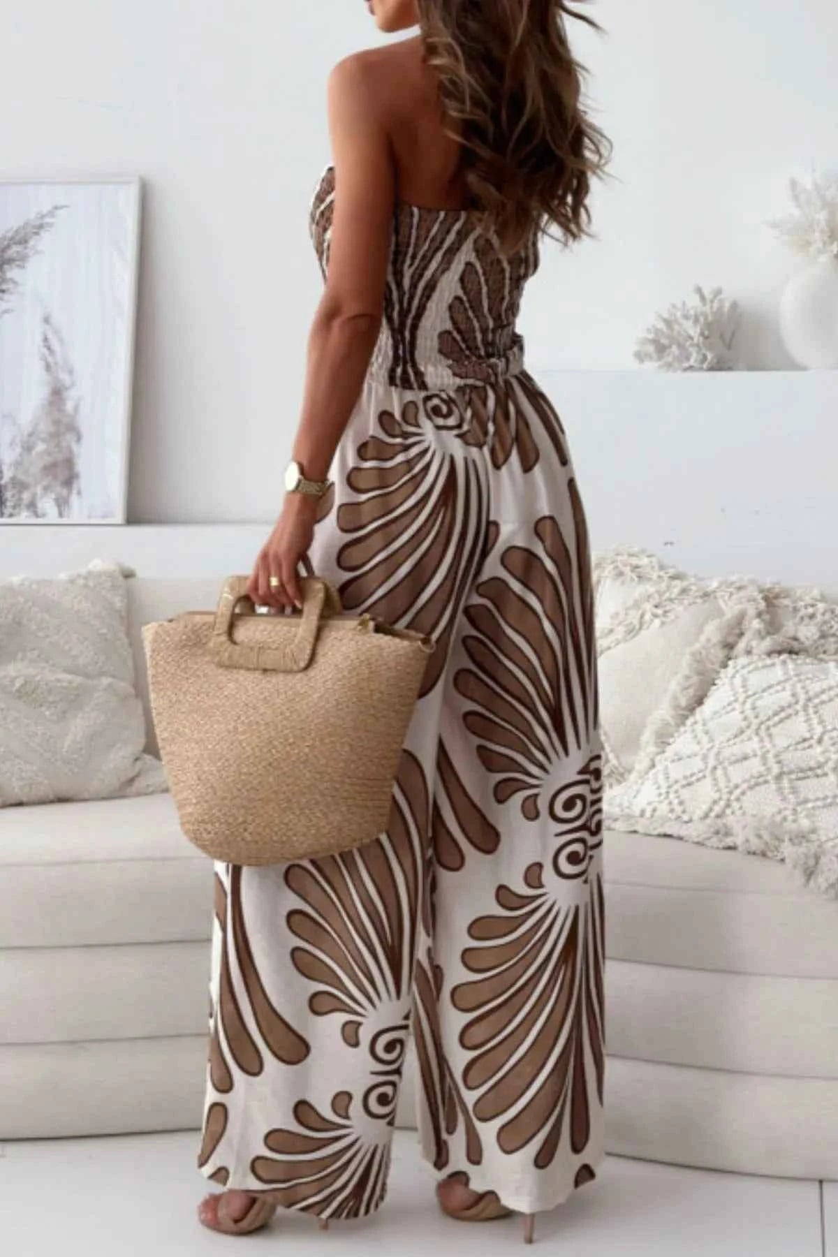 Printed Smocked Tube Wide Leg Jumpsuit.