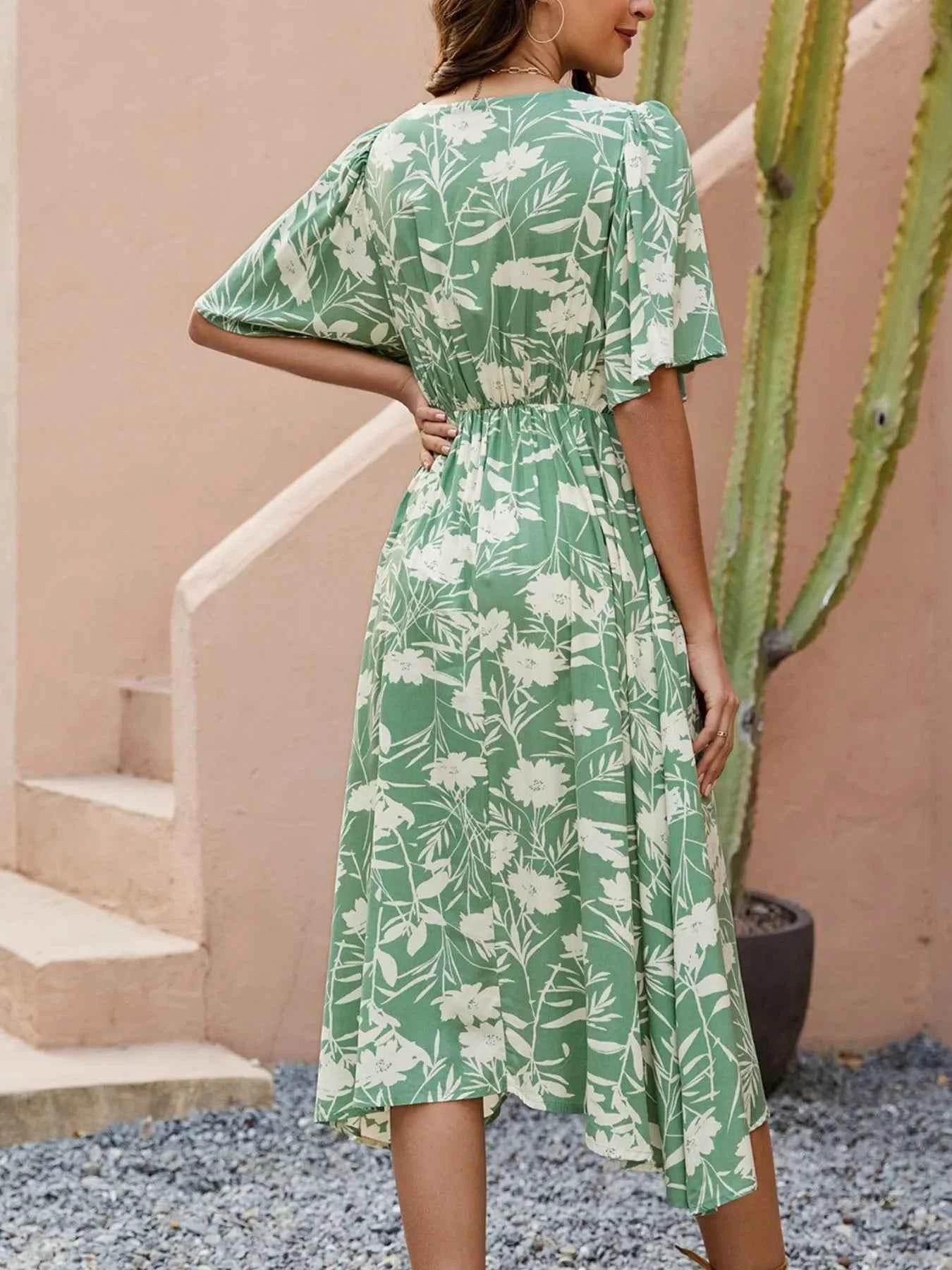 Printed V-Neck Flutter Sleeve Midi Dress.