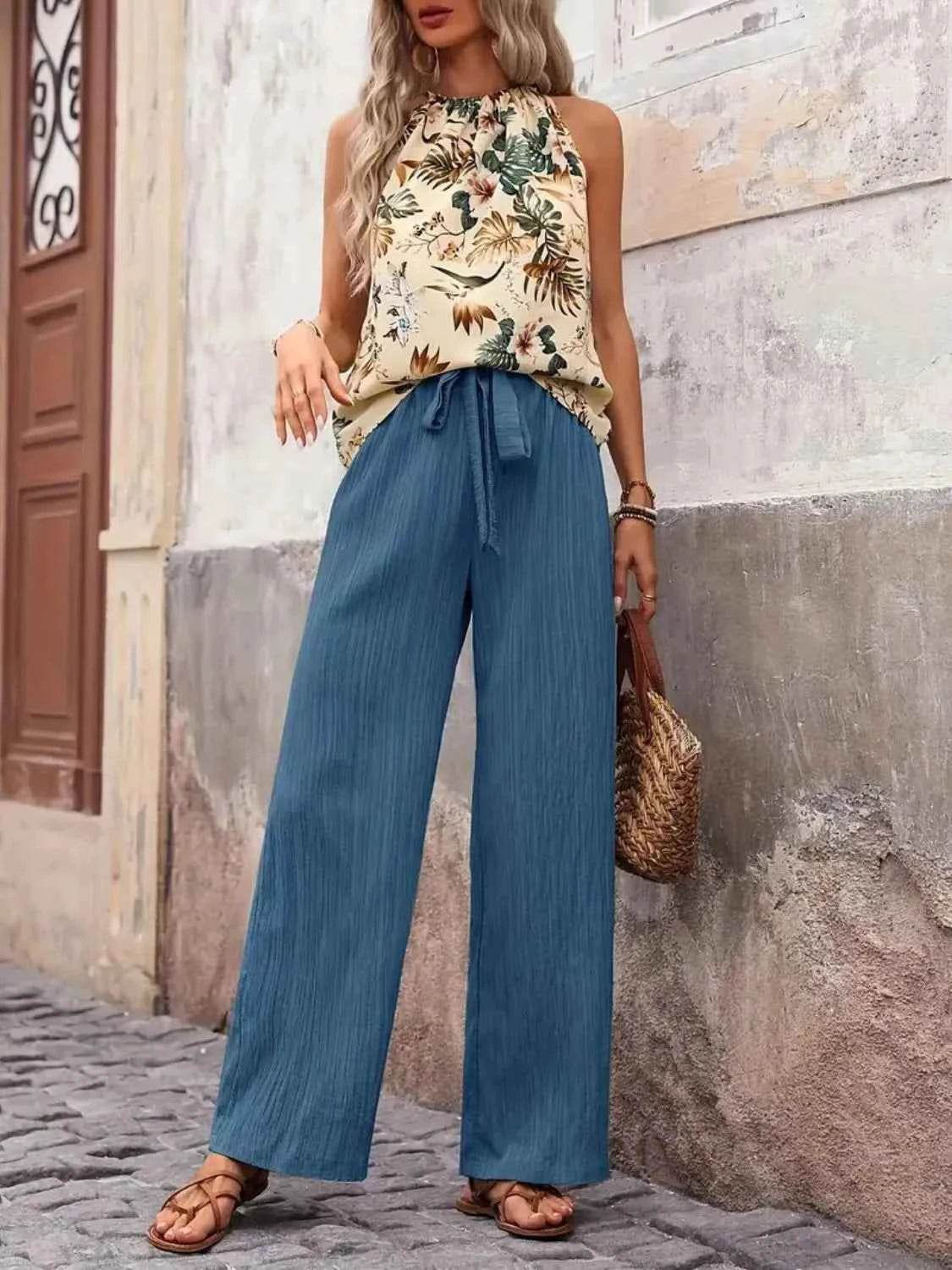 Printed Tank Top and Wide Leg Pants Set for Effortless Style - EBYNN