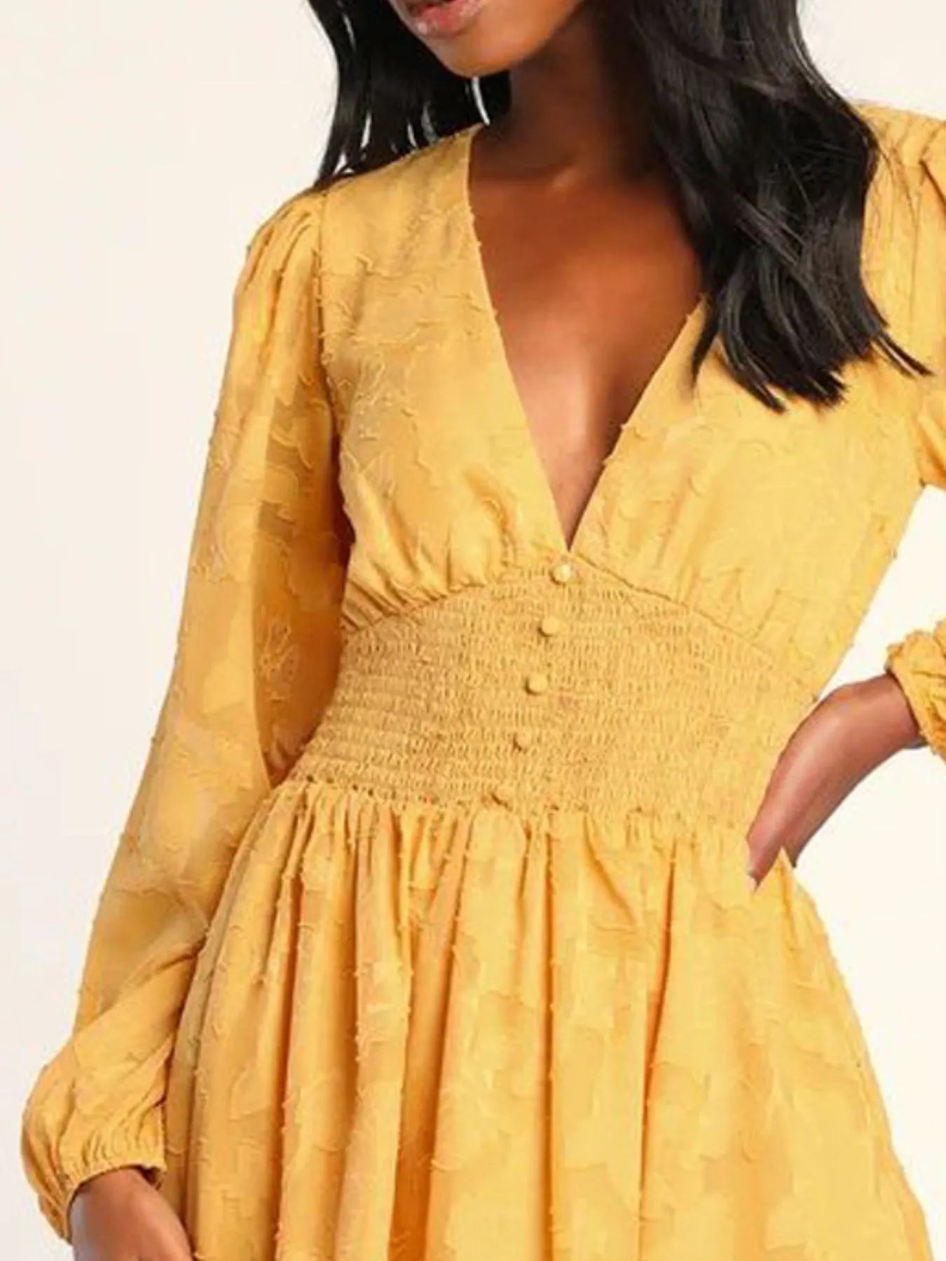 Smocked V-Neck Balloon Sleeve Dress.