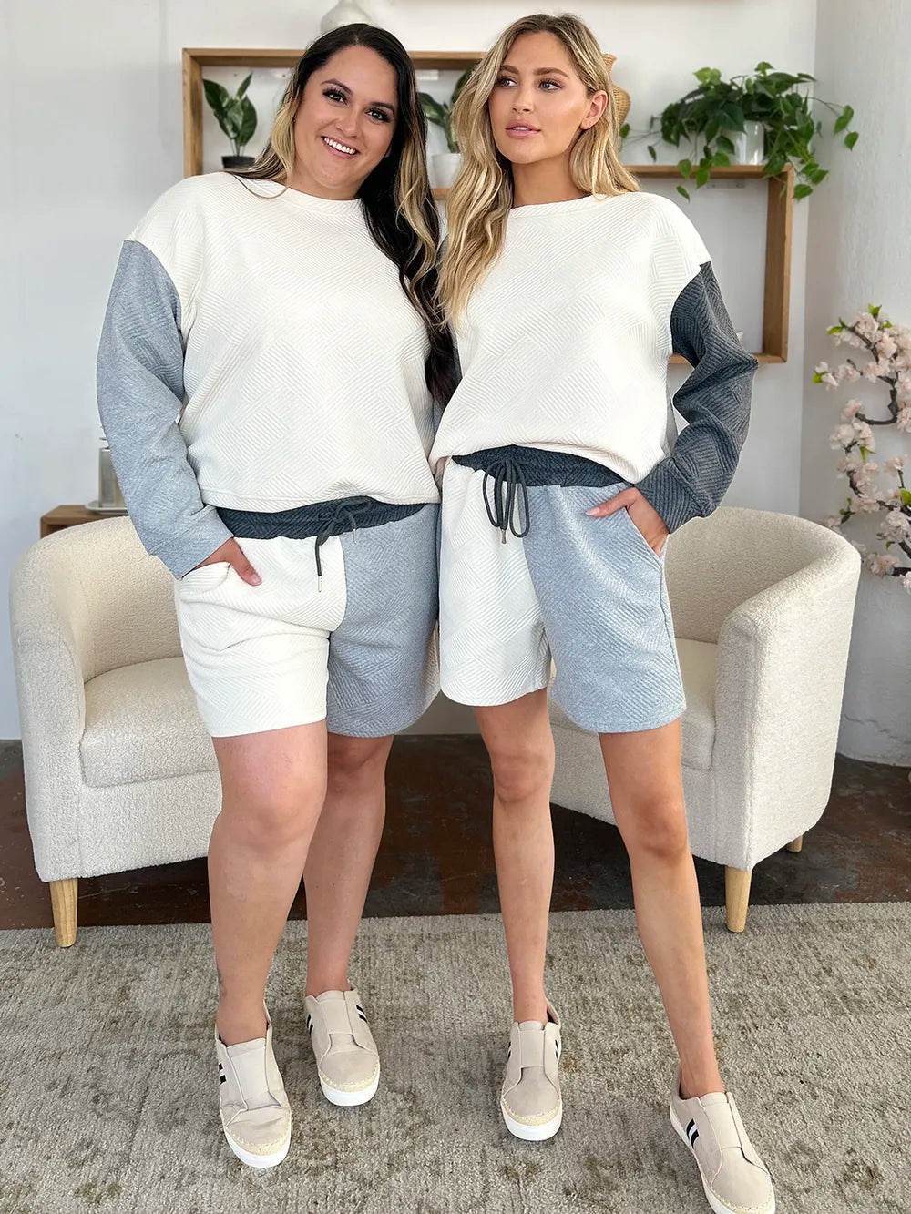 Double Take Contrast Drop Shoulder Set - Full Size Top & Shorts Combo - EBYNN