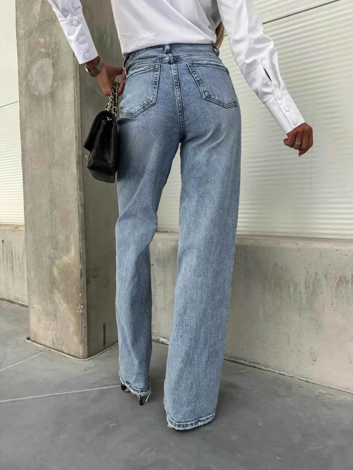 High-Waist Raw Hem Stretch Jeans.