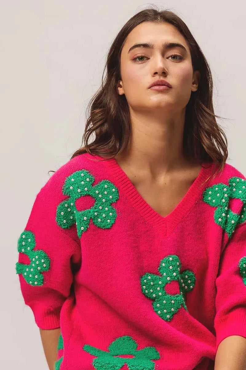 BiBi Pearl Beads Flowers Sweater Top.