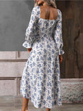 Floral Print Square Neck Dress with Flounce Sleeves.