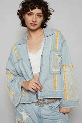 POL Raw Hem Zip Up Denim Jacket with Plaid and Crochet Patch.