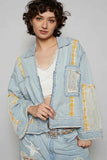 POL Raw Hem Zip Up Denim Jacket with Plaid and Crochet Patch.