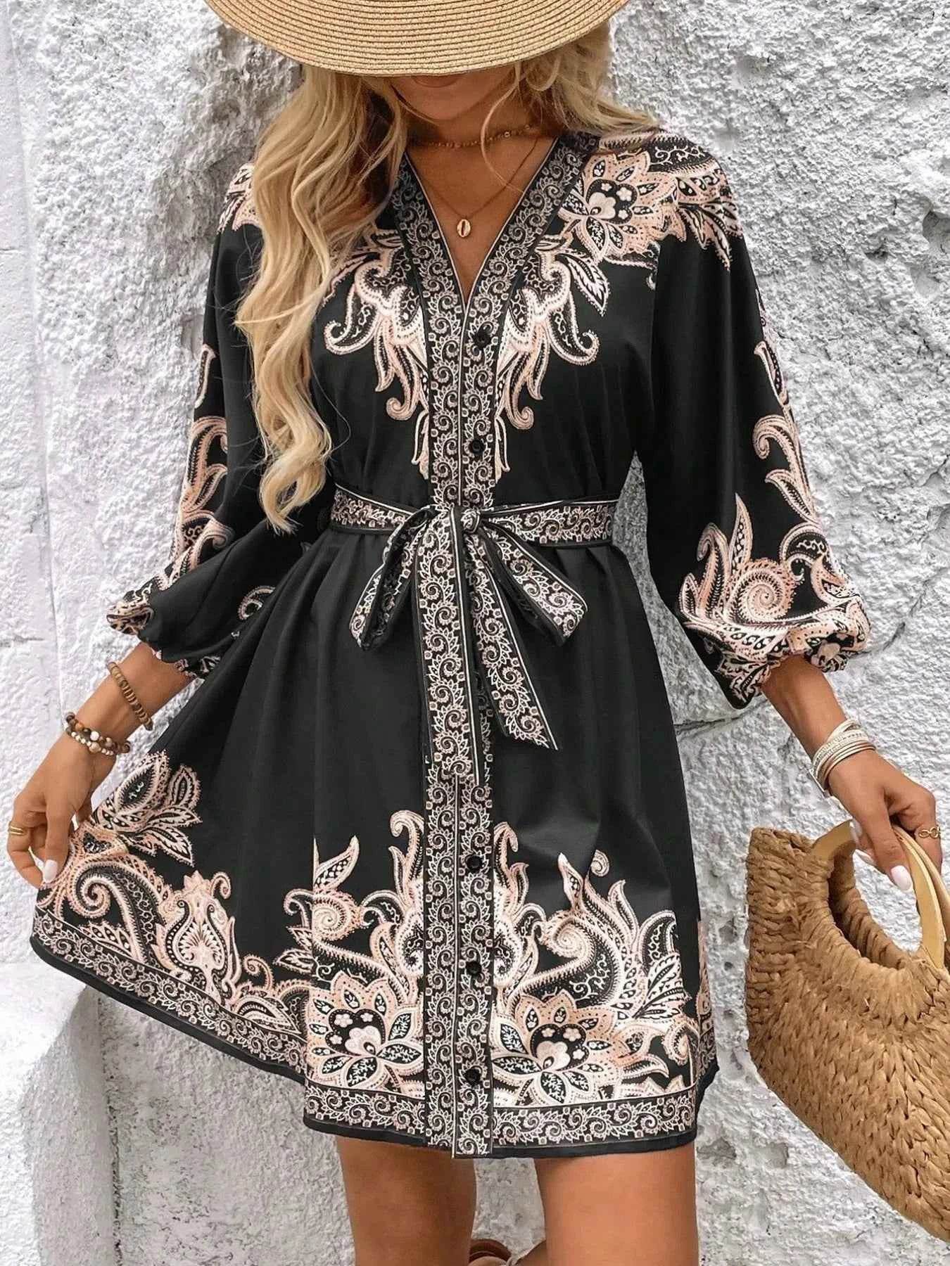 Printed V-Neck Balloon Sleeve Mini Dress.
