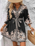 Printed V-Neck Balloon Sleeve Mini Dress.