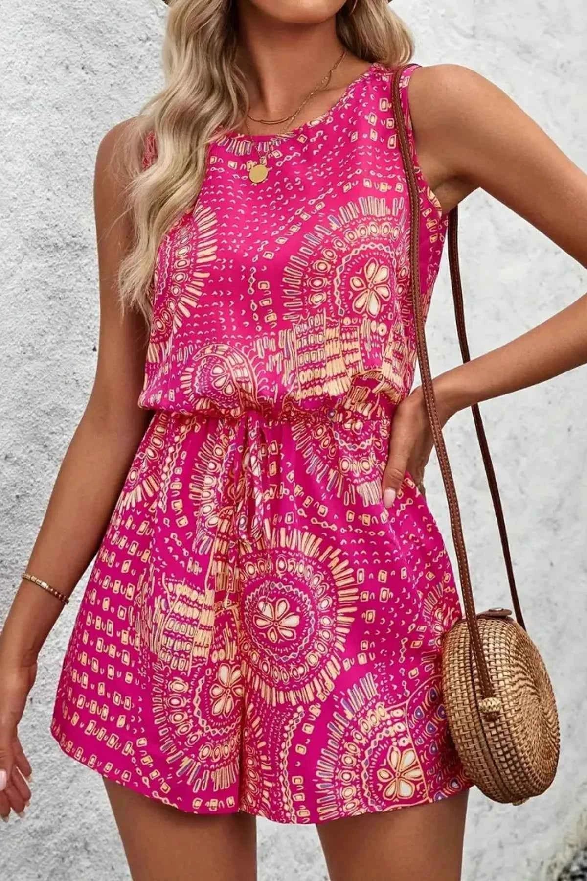 Boho Floral Print Sleeveless Summer Romper.