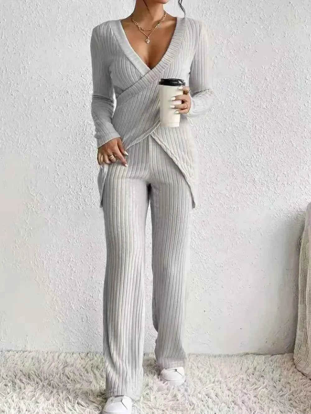 Surplice Long Sleeve Top and Pants Set - EBYNN