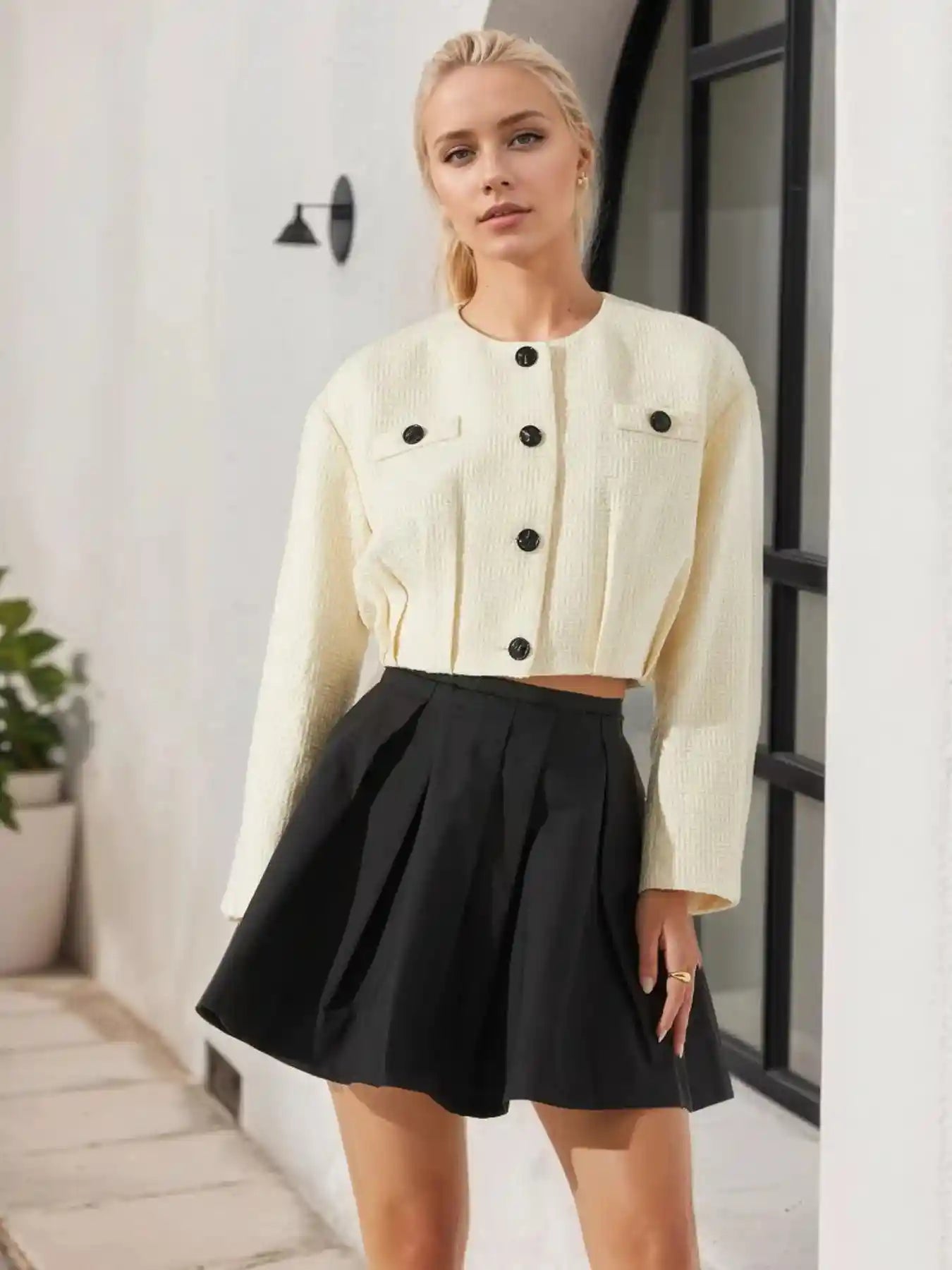 Button Up Long Sleeve Crop Outerwear.