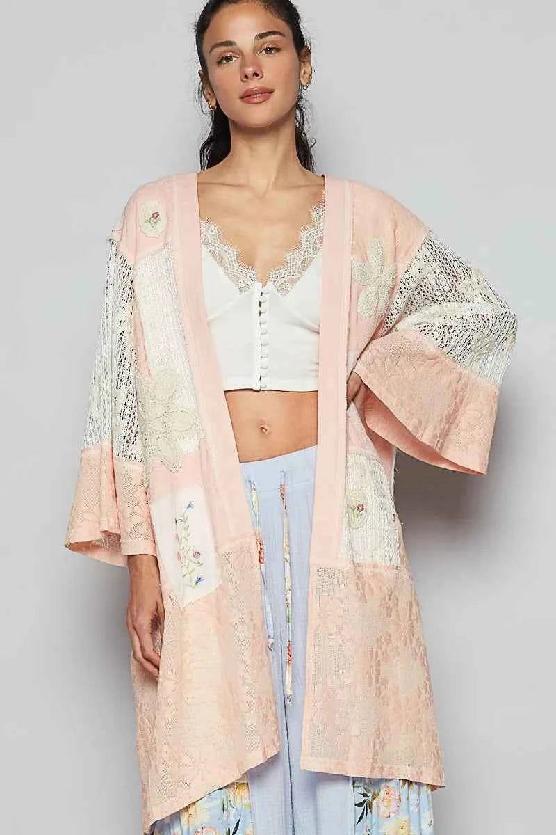 Double Gauze and Lace Mix Cardigan with Embroidered Detail.