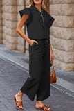 Textured Ruffled Sleeve Zipped Top & Wide Leg Pants Set - EBYNN