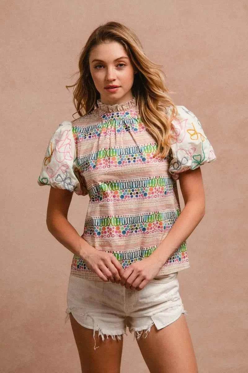 Ruffle Neckline Blouse with Embroidery for Effortless Style - EBYNN
