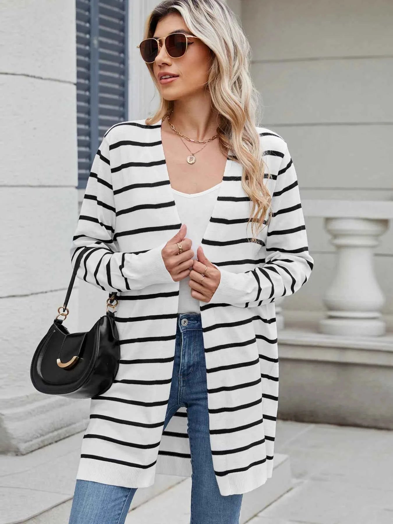 Striped Open Front Cardigan - Relaxed Fit.